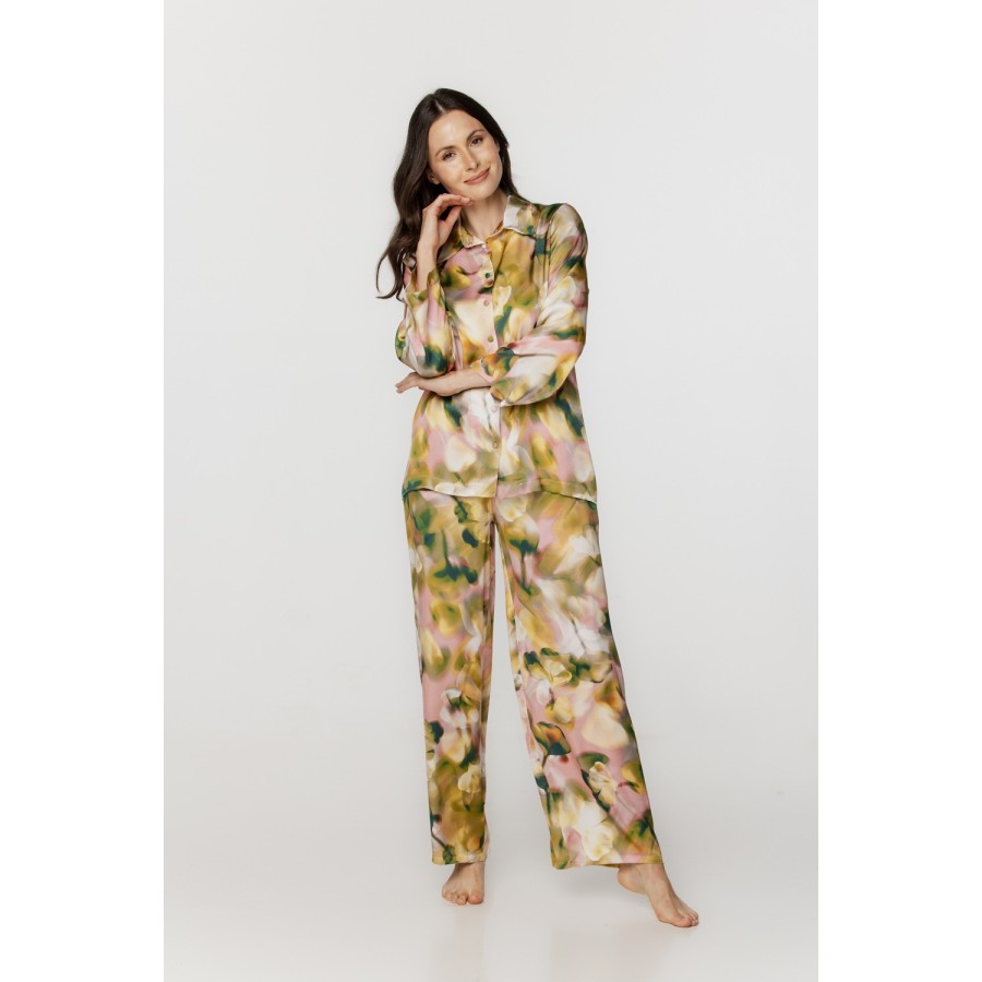 Pijama set mujer viscosa seda estampado rosa caqui corte amplio